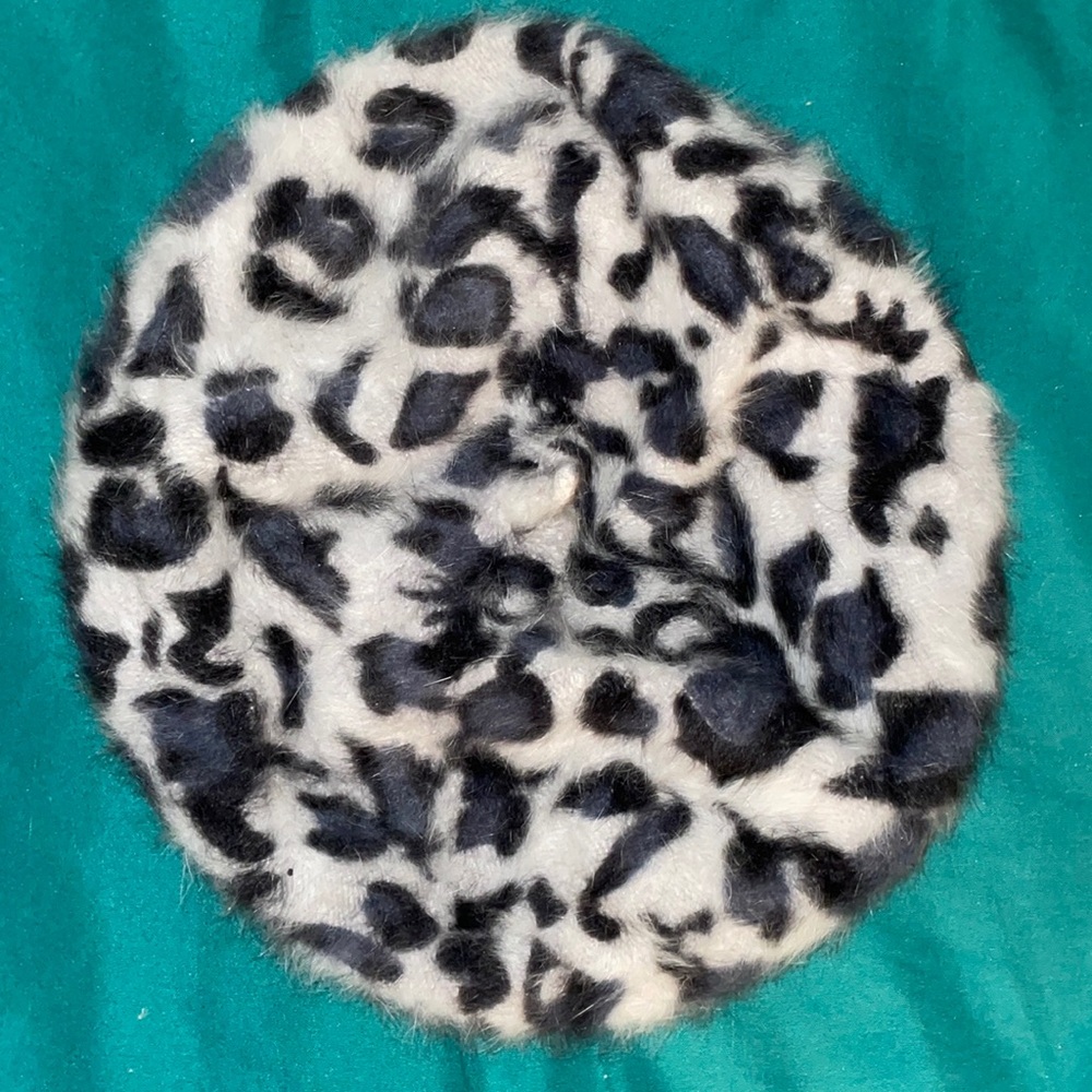 Gray and Black Angora Leopard Print Beret